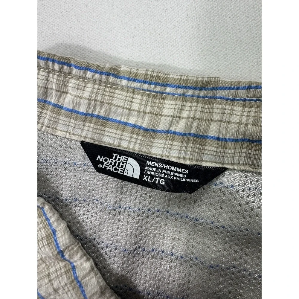 The North Face Men's XL Beige Blue Plaid Seersucker Button Shirt Hiking Outdoor